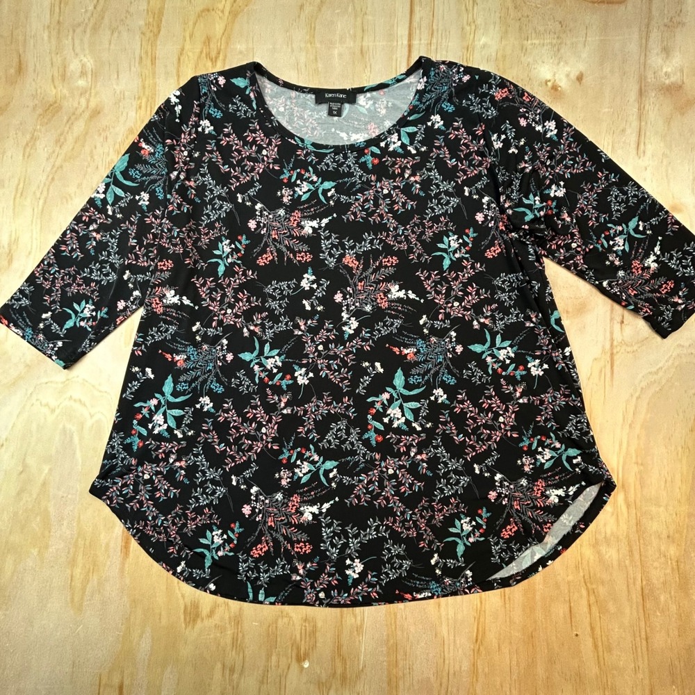 Karen Kane Womens 1X Floral Print 3/4 Sleeve Top Black Pink Teal